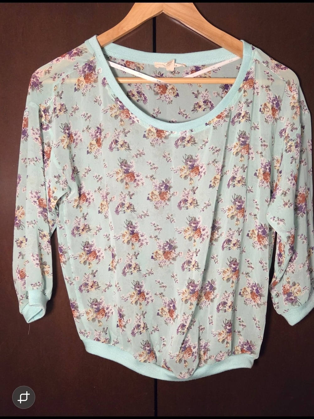 Iris Los Angeles Mint Floral Long Sleeve Top Women Size Medium Juniors'